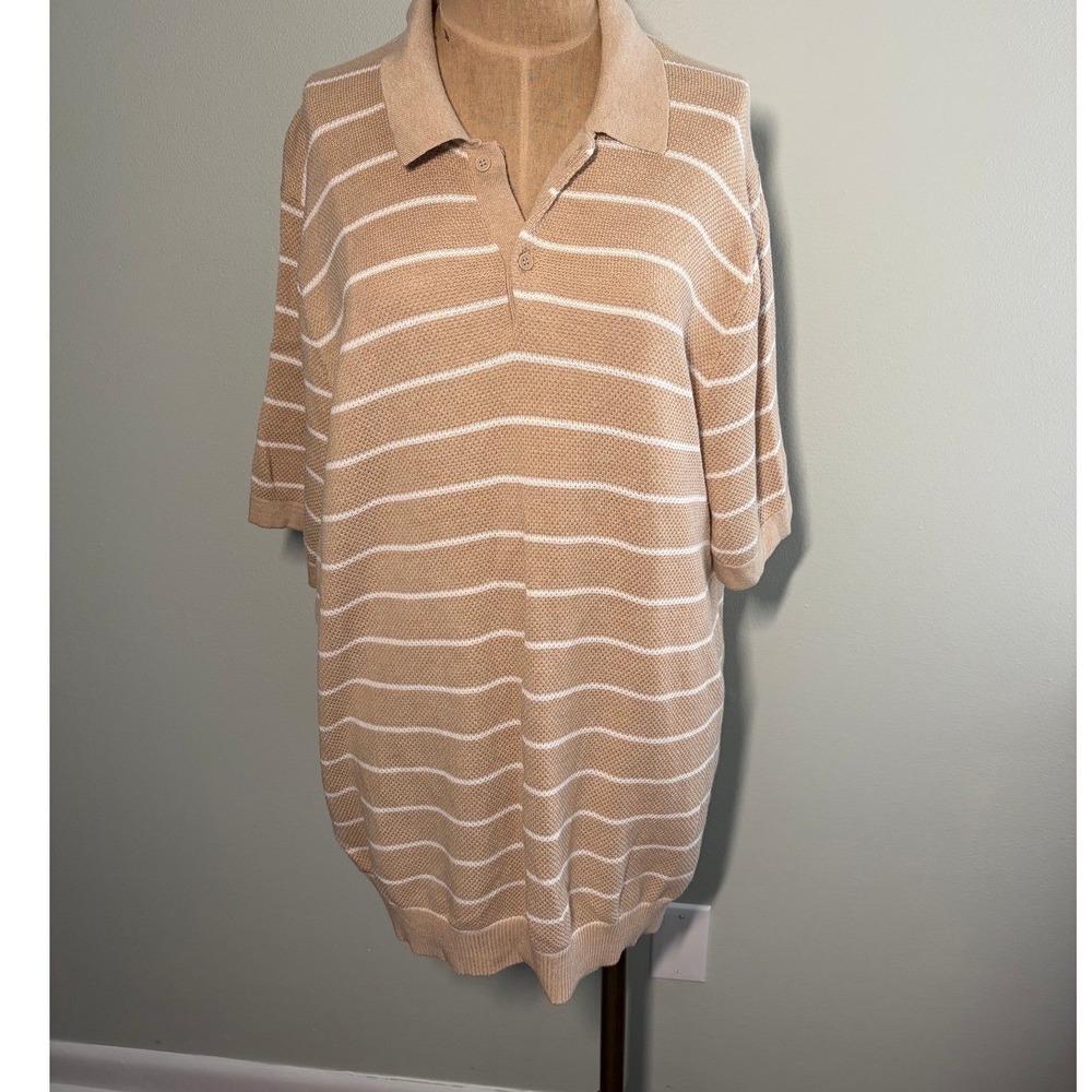 Free Assembly Mens XL preppy neutral colors Striped Knit Polo Shirt Short Sleeve